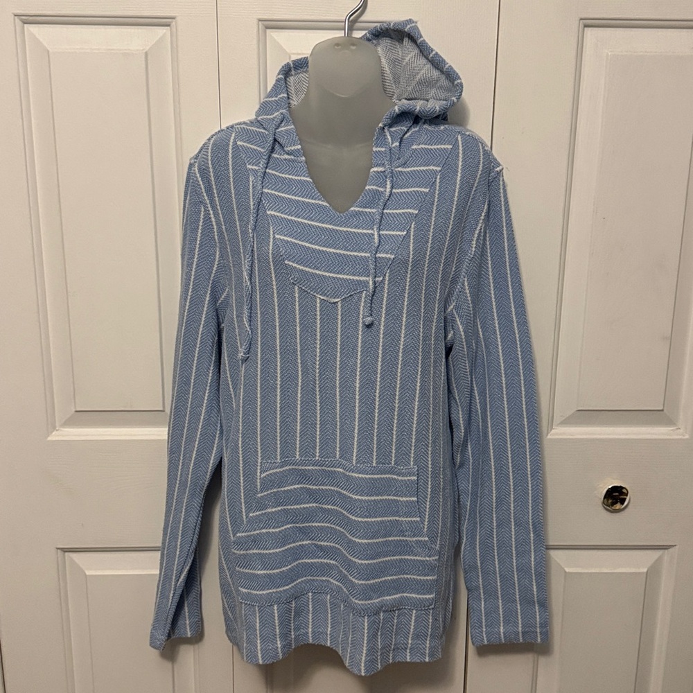 Onia Sz Latge blue hooded striped swim cover up GUC B33